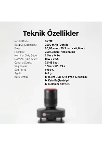 Bxt1fl 10w Şarj Edilebilir Kafa Feneri 750 Lümen 2500mah 4 Işık Modlu Zoom Özellikli Led Kafa Düz Renkli
