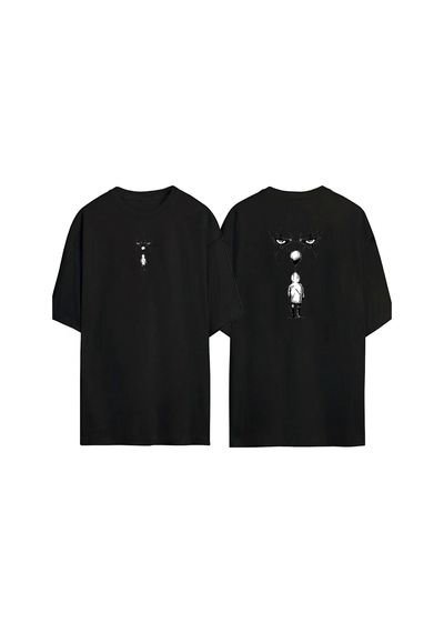 Thewert Unisex Balonlu Çocuk Ön Arka Baskılı Sıyah Oversize T-shirt Siyah