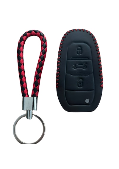 Autohan Keys Deri Anahtar Koruma Kılıfı Peugeot 308, 508, 2008, 3008, 4008, 5008, Rifter, Grandland X İçin, Siyah Kırmızı Örgülü Desen, Anahtarlık Dahil