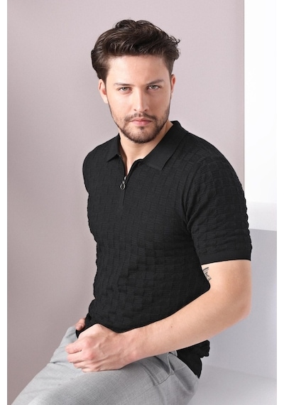 Ferraro Siyah Polo Yaka Fermuarlı Erkek Pamuk Triko T-Shirt-Siyah (429067832) Siyah