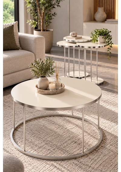 Sulorahome Gümüş Metal Ayaklı Krem Renkli 4'lü Sehpa Seti