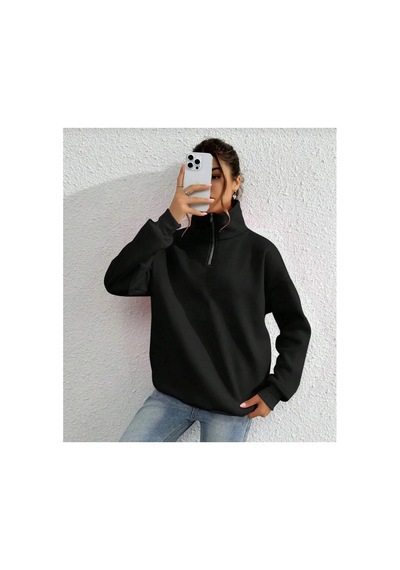 Kadın 3 İplik Pamuklu Uzun Kol Yarım Farmuarlı Yakalı Sweatshirt - Siyah