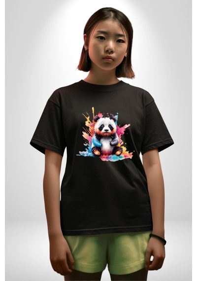 Renkli Yavru Panda Pamuklu Bisiklet Yaka Unisex Oversize Boyfriend Dijital Baskılı Siyah T-shirt Siyah