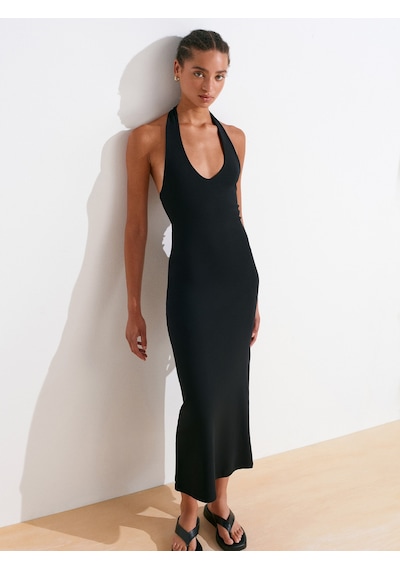 Dilvin 91476 Halter Yaka Midi Elbise-siyah Siyah