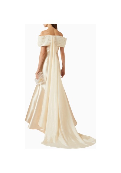 Ac By Aanchal Chanda Embellished Off - Shoulder Omuz Açık Saten Balık Form Kadın Elbise Bej
