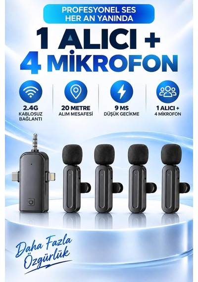 1 Alıcı 4 Mikrofonlu 2.4g Kablosuz Yaka Mikrofonu Vlog Sx26 Pro
