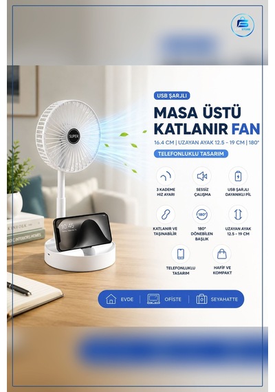 Usb Şarjlı Katlanır Masaüstü Vantilatör 16.4 Cm Taşınabilir Ayarl