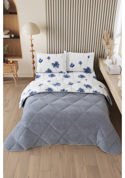 Nordelle Battal Boy Lüx Wellsoft Yorgan Çift Taraflı - 2 Adet Yastık Kılıflı Yorgan Seti 215x235 Cm Gri Mavi