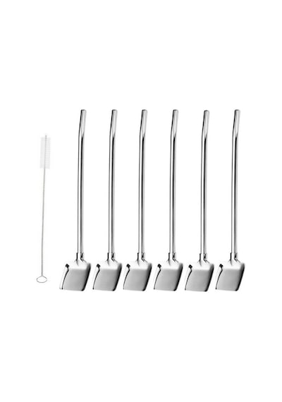 6'lı Paslanmaz Krom Pipetli Latte Kaşığı Kokteyl Kaşığı Ve Temizleme Fırçası, 22 Cm Kürek Model Gümüş
