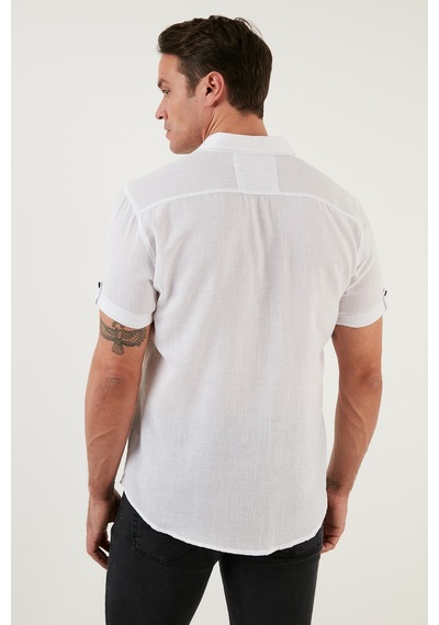 Buratti % 100 Pamuk Keten Görünümlü Slim Fit Kısa Kollu Erkek Gömlek Cf21S111766 Beyaz