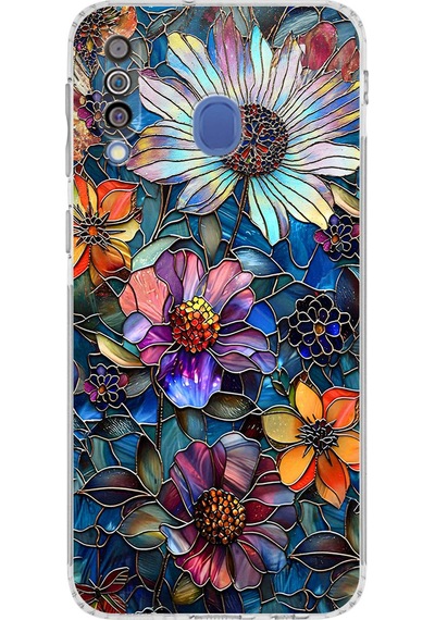 Printify Samsung Galaxy M30 İle Uyumlu Vitray Mücevher Flora Tasarımlı Şeffaf Silikon Kılıf Şeffaf