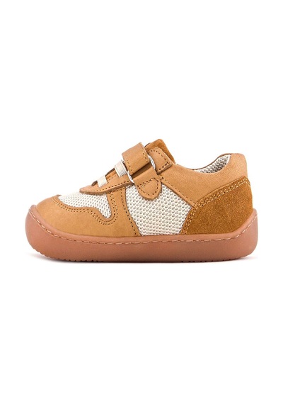 Rakerplus Bob Hakiki Deri Taba Krem Barefoot Cırtlı Lastikli Bebek Sneaker Ayakkabı Taba