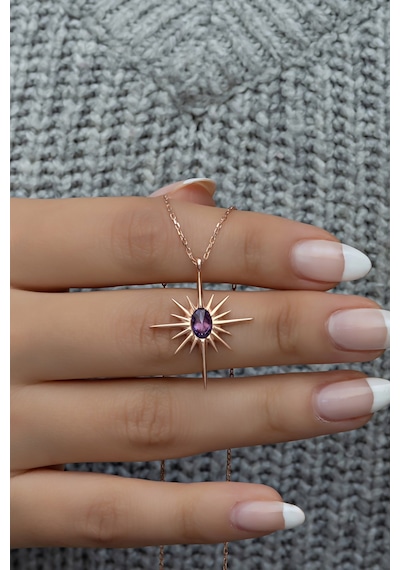925 Ayar Gümüş Mor Taşlı Kutup Yıldızı Kolye Rose Gold