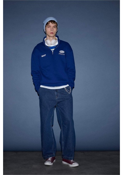 Defacto Boxy Fit Dik Yaka Baskılı Sweatshirt F9709ax26spbe753 Mavi-be753