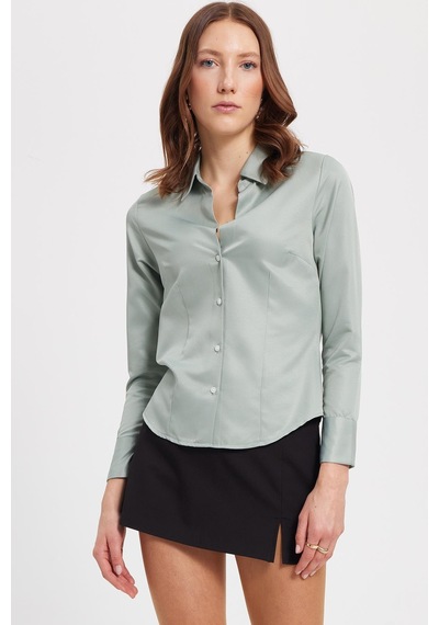 Tudors Kadın Slim Fit Dar Kesim Klasik Yaka Uzun Kollu Mint Gömlek-40361 Mint