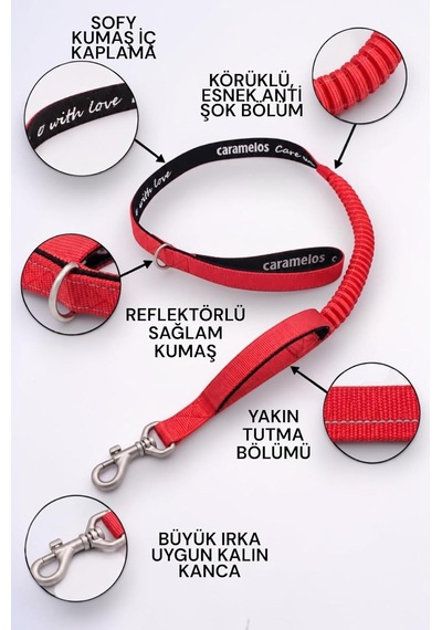 Köpek Gezdirme Tasması, Kırmızı, Körüklü Esnek Anti Şok, Reflektörlü, 120 Cm, Orta Ve Büyük Irka Uygun Genel