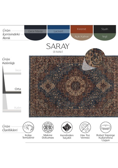Cool Halı Saray Mavi Vintage Halı Göbekli Klasik Yumuşak Doku Otantik Oda Oturma Odası Salon Halısı