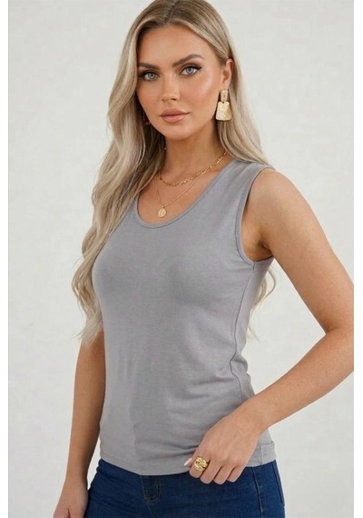 Hashtag Kadın Prenses Yaka Sıfır Kol Body Günlük Viskon Kumaş Gri