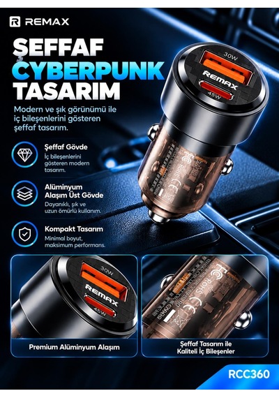 Remax Rcc360 75w Pd 45w Type-c Ve Qc 30w Usb-a Şeffaf Araç Şarj Cihazı
