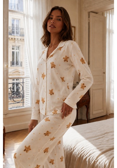 Fit Women Kadın Gömlek Yakalı Rahat Ev Giyimi Beyaz Pijama Takımı