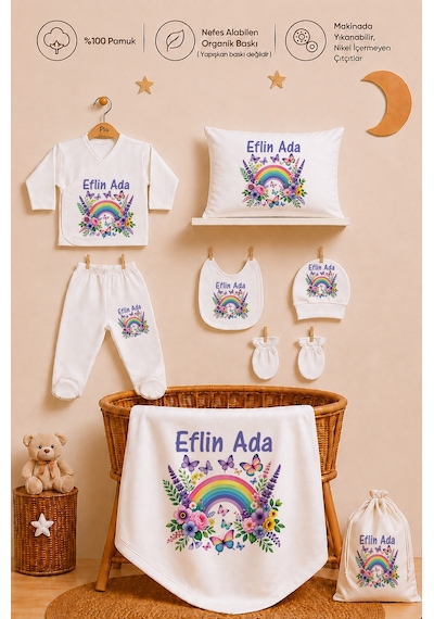 Pia Baby İsme Özel Kız Bebek Zıbın Seti 8 Parça %100 Pamuk Hastane Çıkışı Keseli Hediye Seti 1045zybk3x Krem
