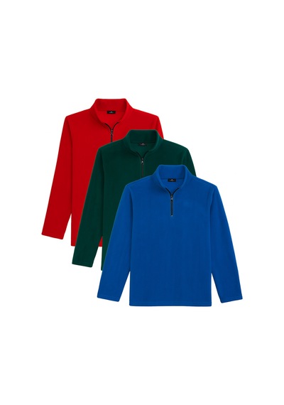 Tudors Unisex 3'lü Paket Mavi-yeşil-kırmızı Standart Fit Soğuğa Karşı Dayanıklı Polar Sweatshirt-42025 Çok Renkli