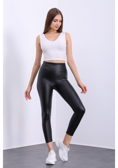 Pucka Fashion Içi Kadife Yüksek Bel Toparlayıcı Deri Taytsiyahxl Siyah