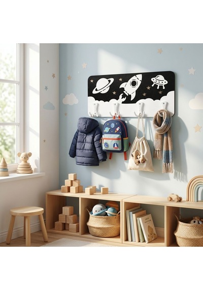 Premium Montessori Katmanlı Çocuk Odası Askılığı - Özgüven Destekleyici Özel Tasarım Siyah - Beyaz