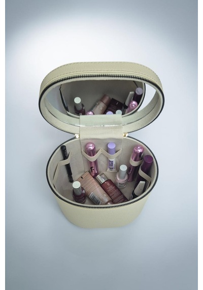 Makyaj Düzenleyici Aynalı Makyaj Çantası Krem Bölmeli Taşınabilir Kozmetik Organizer 19x15x16 Cm