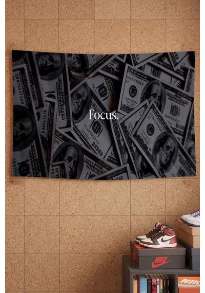 Focus 100 Dolar Para Kolajı Siyah Dekoratif Duvar Örtüsü Duvar Halısı Beyaz