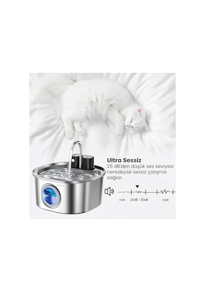 Pwl010 Otomatik Kablosuz Kedi Su Pınarı, Sensörlü , Bataryalı , Ultra Sessiz, Çelik , 3.2lt Hazne
