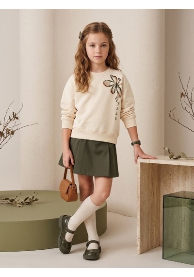 Zekids Kız Çocuk Ekru Çiçek Baskılı Bisiklet Yaka Tasarım Sweatshirt-17444 KREM