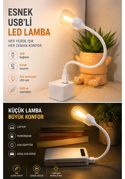Esnek Usb'li Led Gece Lambası Çalışma Okuma Masa Lambası Powerbank Uyumlu Taşınabilir Ultra Hafif Beyaz