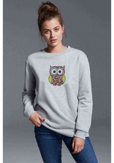 Baykuş Baskılı Gri Kadın Sweatshirt (528290431)