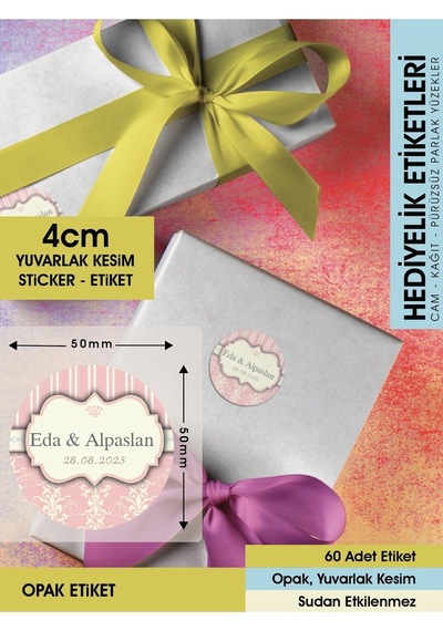 Pembe Motifli Davetiye Etiketi, Cemiyet Için Ürünlerinize Özel 4cm - 60 Adet Opak Sticker Renkli