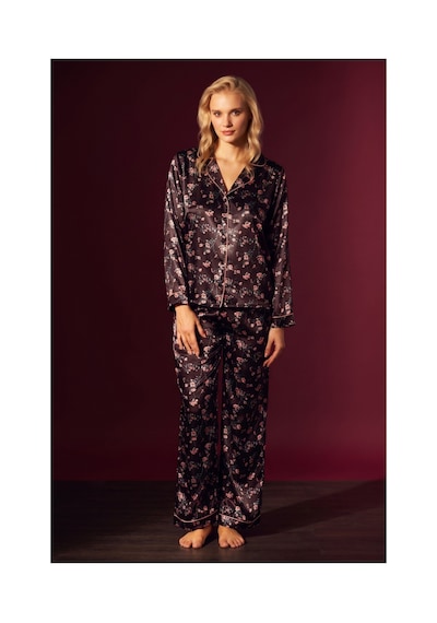 Laperissa Kadın Saten Çiçek Desenli Pijama Takımı, Şık Ve Rahat 2 Li Set Kahverengi