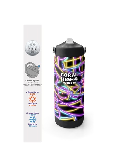 Coral High Siyah Renkli Neon Desenli Katlanır Ağızlıklı Çelik Termos 650 Ml 38330 Siyah
