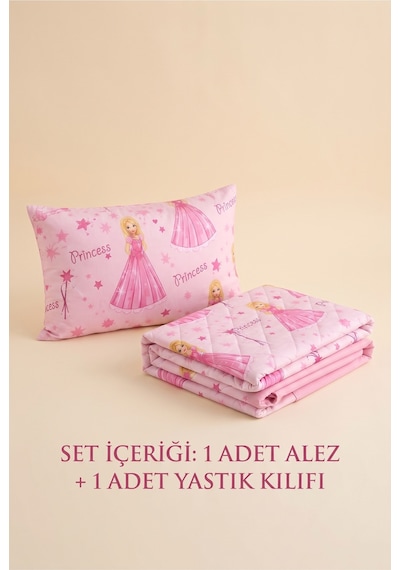 Prenses Desen Tek Kişilik Kapitone Fitted Su Sıvı Geçirmez Yatak Alezi Seti 1 Adet Yastık Kılıflı Pembe