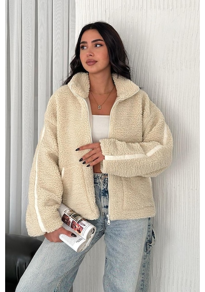 Kadın Fermuarlı Oversize Astarlı Peluş Ceket Yumuşak Dokulu & Konforlu Stil Bej