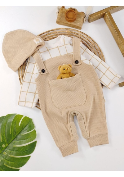 Aydınlar Bebe Waffle Bereli Ayıcık Oyuncaklı Çıtçıtlı Erkek Bebek Tulum Krem