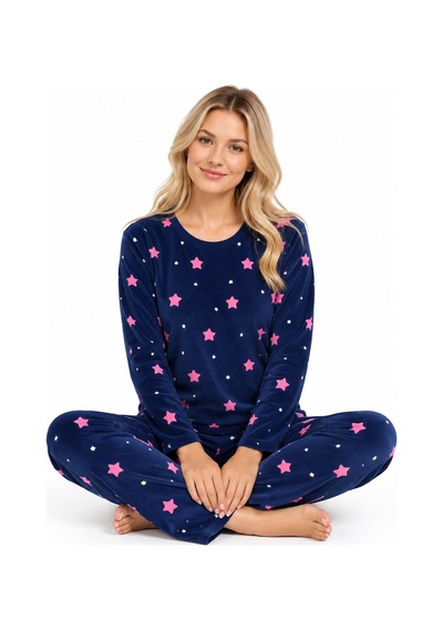 Sleeeproom Kadın Süet Mevsimlik Yıldız Desen Lacivert Pijama Takımı