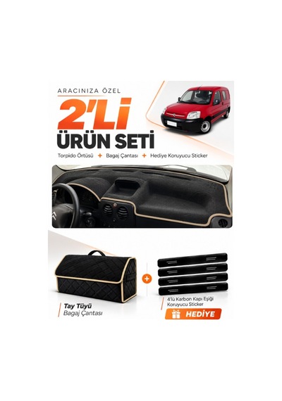 Cıtroen Berlıngo M59 2002-2008 Uyumlu Torpido Örtüsü + Tay Tüyü Bagaj Çantası Seti - Siyah Bej