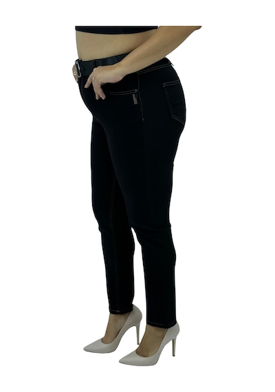 Büyük Beden Toparlayıcı Yüksek Bel Kemerli Dar Paça Denim Örme Kumaş Kadın Pantolon Siyah