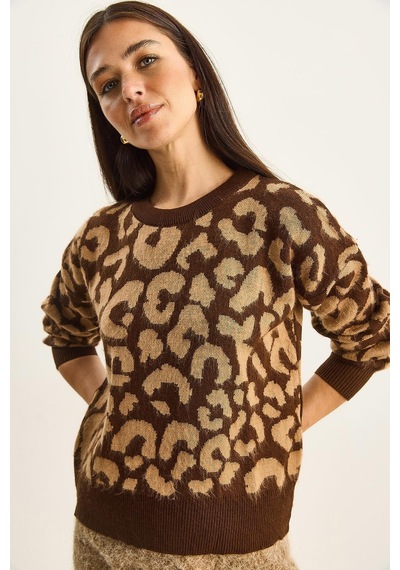 Shade Kadın Leopar Desenli Bisiklet Yaka Şardonlu Basic Triko Kazak 60285010 - Kahverengi-camel Çok renkli