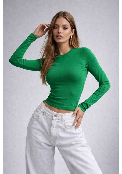 Wild Bee Kadın Yeşil Bisiklet Yaka Uzun Kollu Basic Bluz YEŞİL