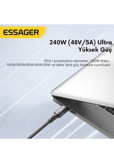Essager 1 Metre 240w 5a Pd3.1 Type-c To Type-c Mega Hızlı Data Şarj Kablosu, Ultra Sağlam Halat Kablo Kopmaz