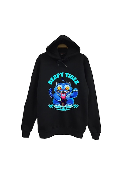K-pop Demon Hunters Derpy Blue Tiger Baskılı Unisex %100 Pamuk Kapüşonlu Siyah Sweatshirt Siyah