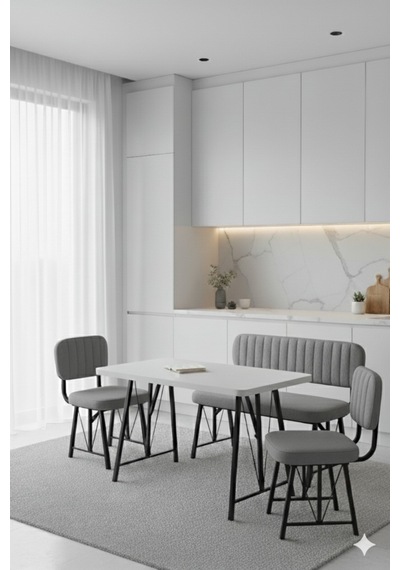 Elfin 70x110 Beyaz Sabit, 2 Sandalye 1 Bench, Masa Sandalye Takımı, Mutfak Masası Takımı - Gri Elfin 70x110 Beyaz Sabit, 2 Sandalye 1 Bench, Masa Sandalye Takımı, Mutfak Masası Takımı - Gri