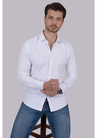 Beyaz Sedef Düğmeli Slimfit Erkek Gömlek + Kutulu Beyaz