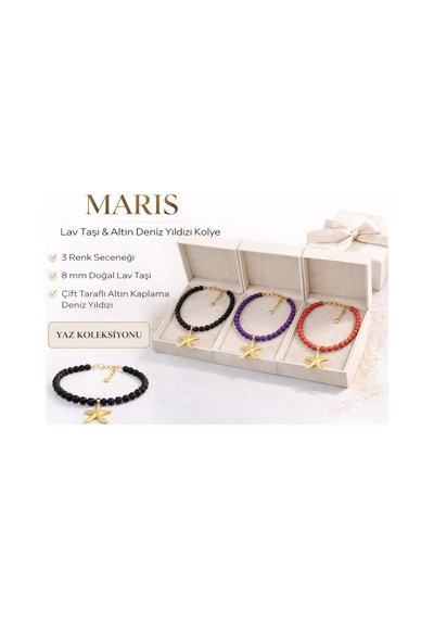 Maris Lav Taşı & Altın Deniz Yıldızı Kolye Mor Siyah Kırmızı